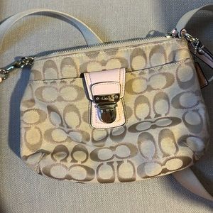COACH, cross body, worn.  Shimmer PINK and cream